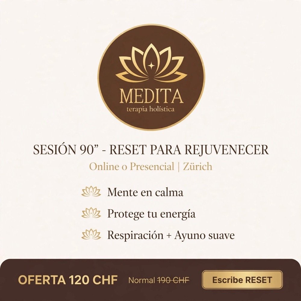 Sesión 90 minutos, reset para rejuvenecer. Online o presencial en Zürich. Oferta 120 CHF, precio normal 190 CHF.
