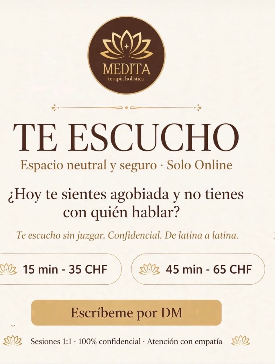 Te escucho: espacio neutral y seguro, solo online. 15 minutos 35 CHF, 45 minutos 65 CHF.